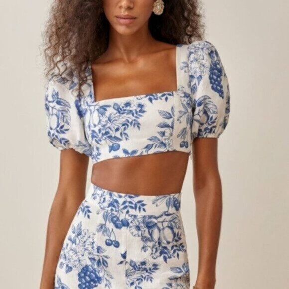 Reformation Tops - REFORMATION Jonas Blouse Linen  White Blue Crop Top Puff Sleeve Floral Size 12